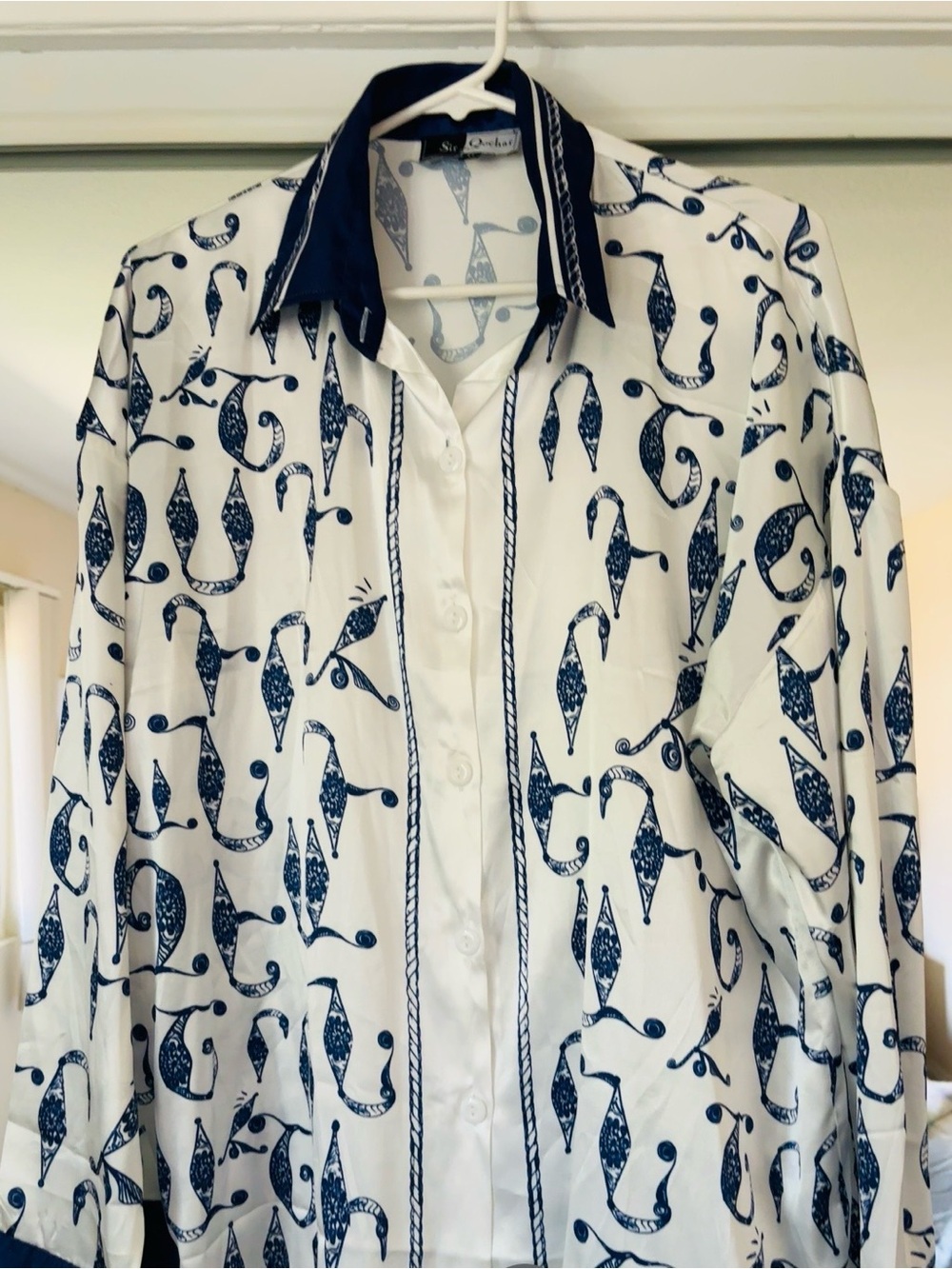 White & Navy Patterned Button-Front Blouse